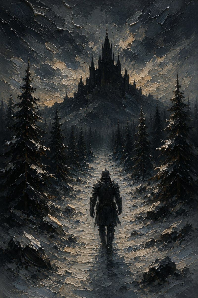 Chapter One — Ascent: a knight walking toward a distant castle through a snow-covered forest